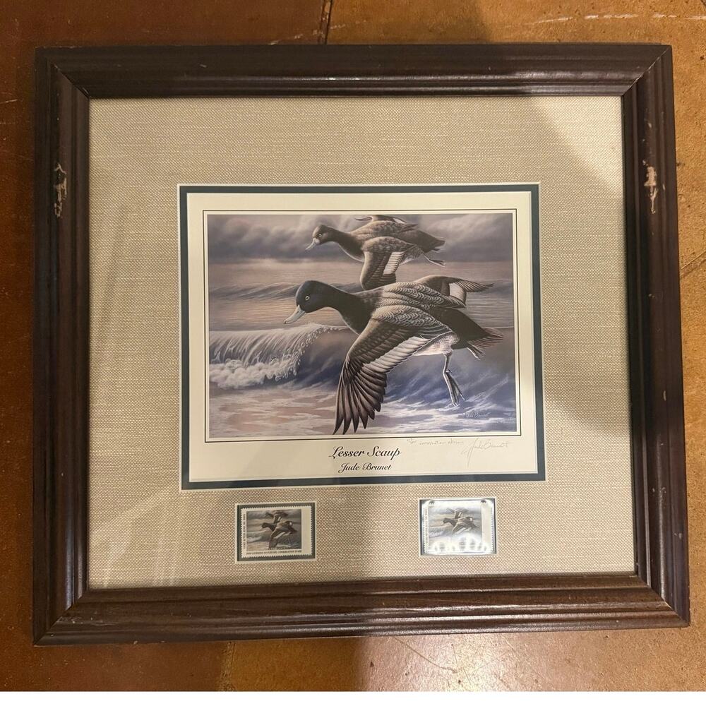 Framed 2000 Louisiana Duck Stamp Print "Lesser Scaup" Signed #117/300 w/ Stamps